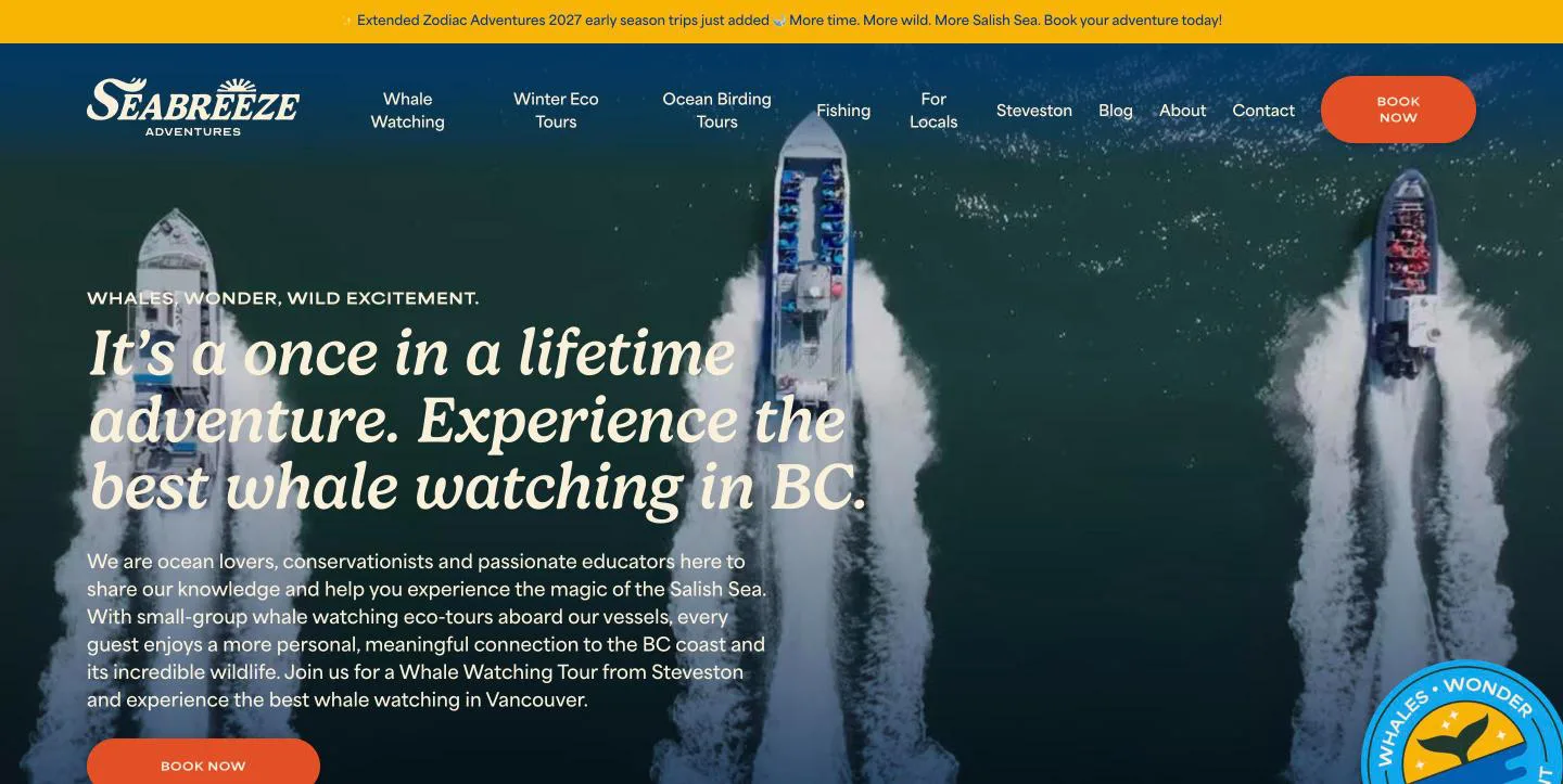Seabreeze Adventures homepage, hero