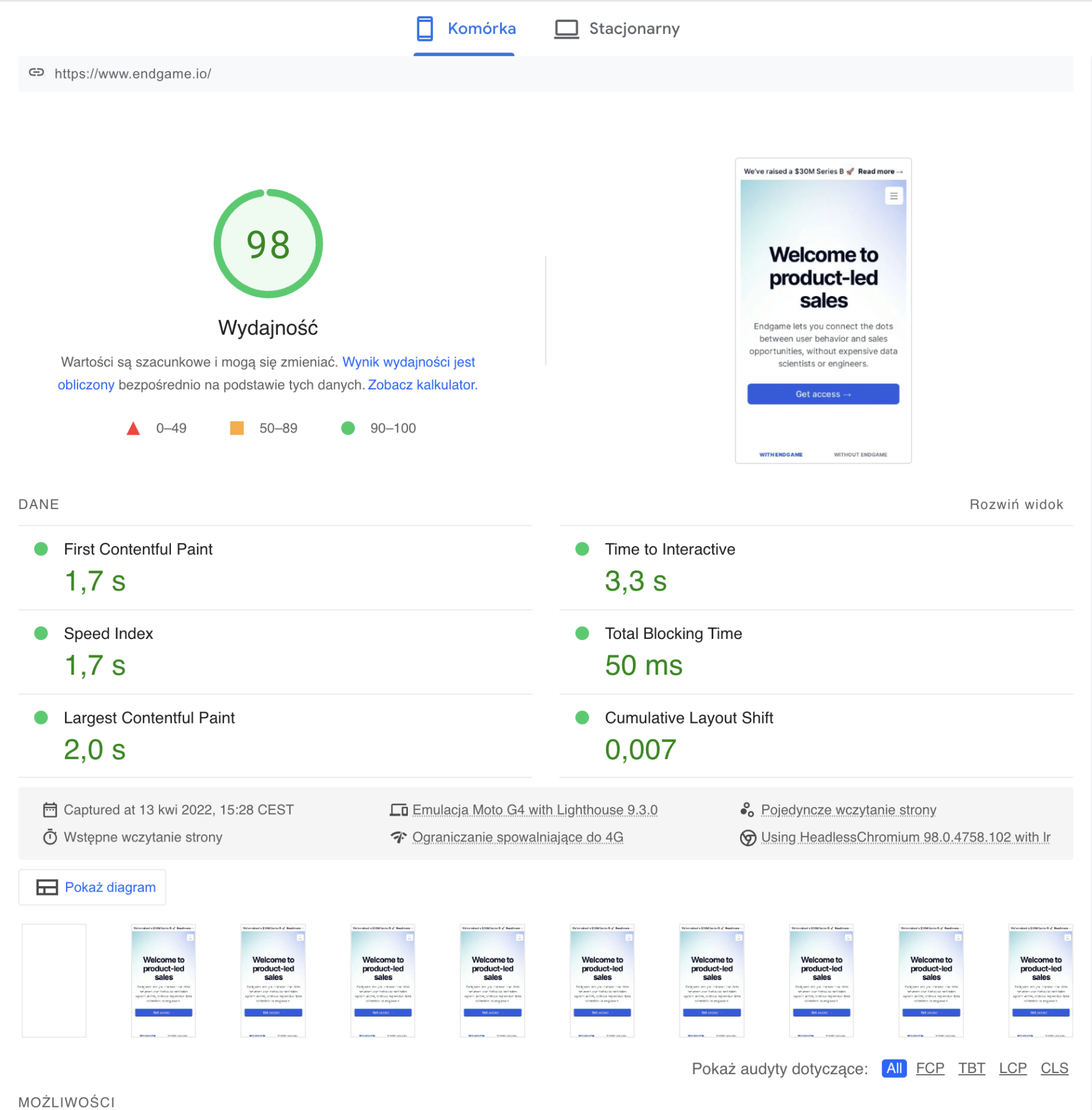 PageSpeed Insights Mobile results - website speed testing