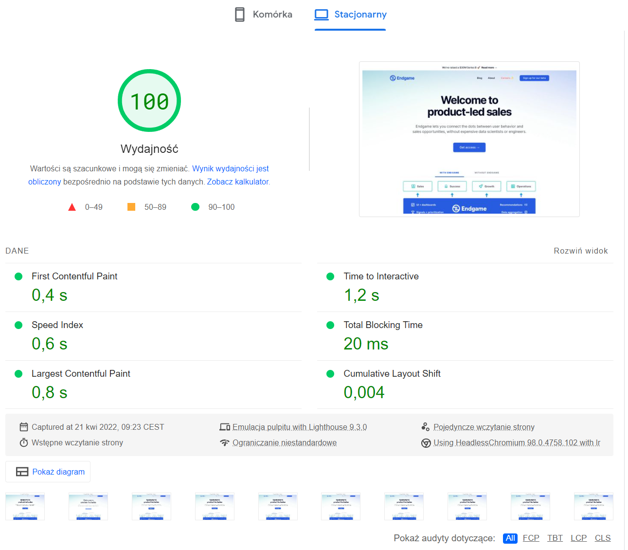 PageSpeed Insights Desktop results - website speed testing