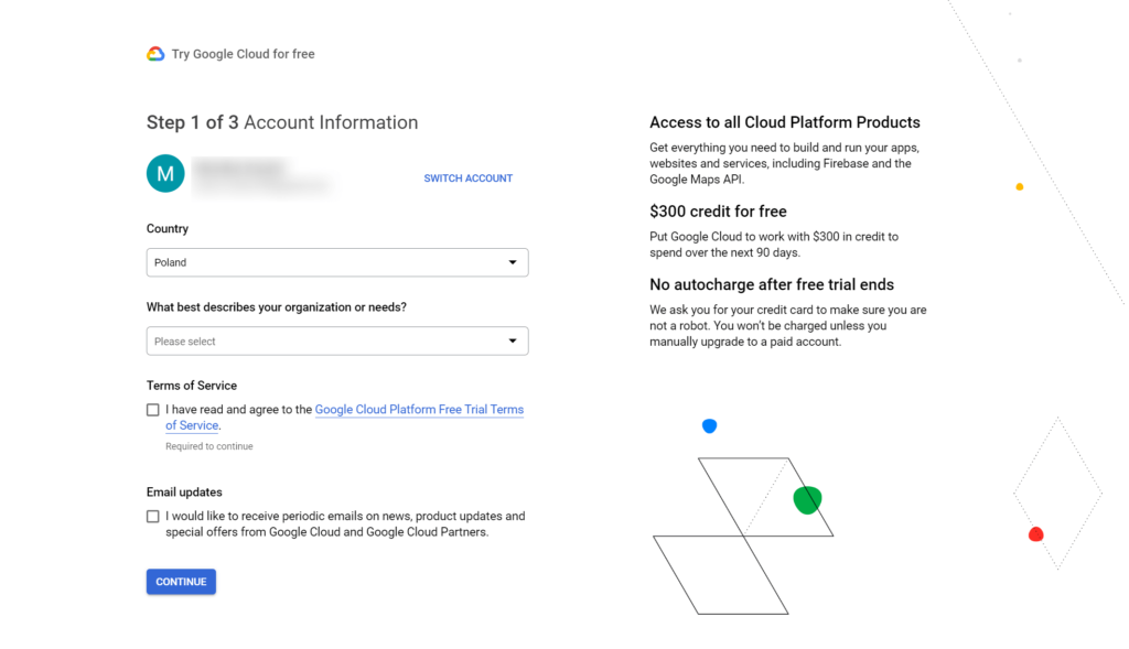 Pic 1. Step one of three google cloud configuration form