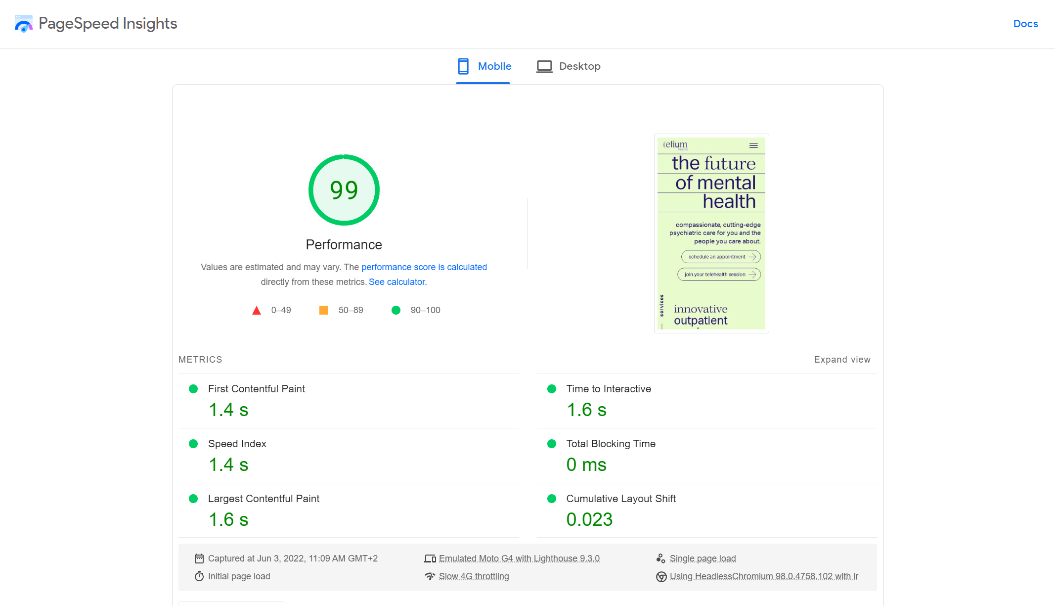 PageSpeed Insights - Mobile results