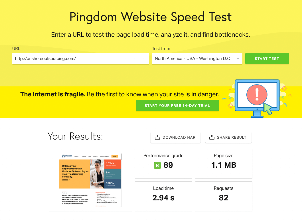 Pingdom Website Speed Test Results