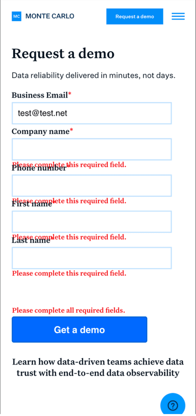 Request a demo form with errors