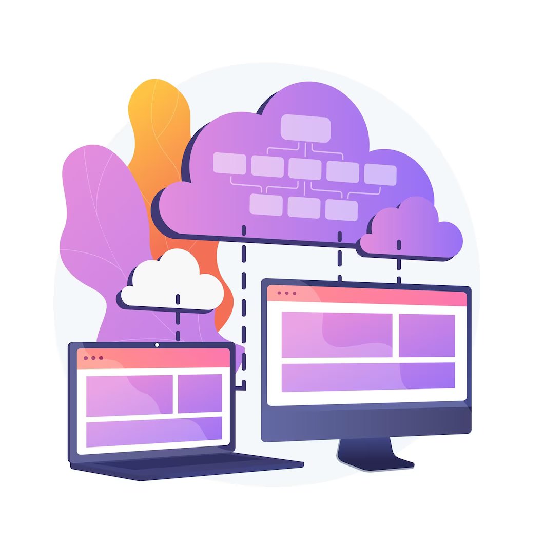 Web design from different devices synch to a cloud. Responsive web design stored on a cloud storage