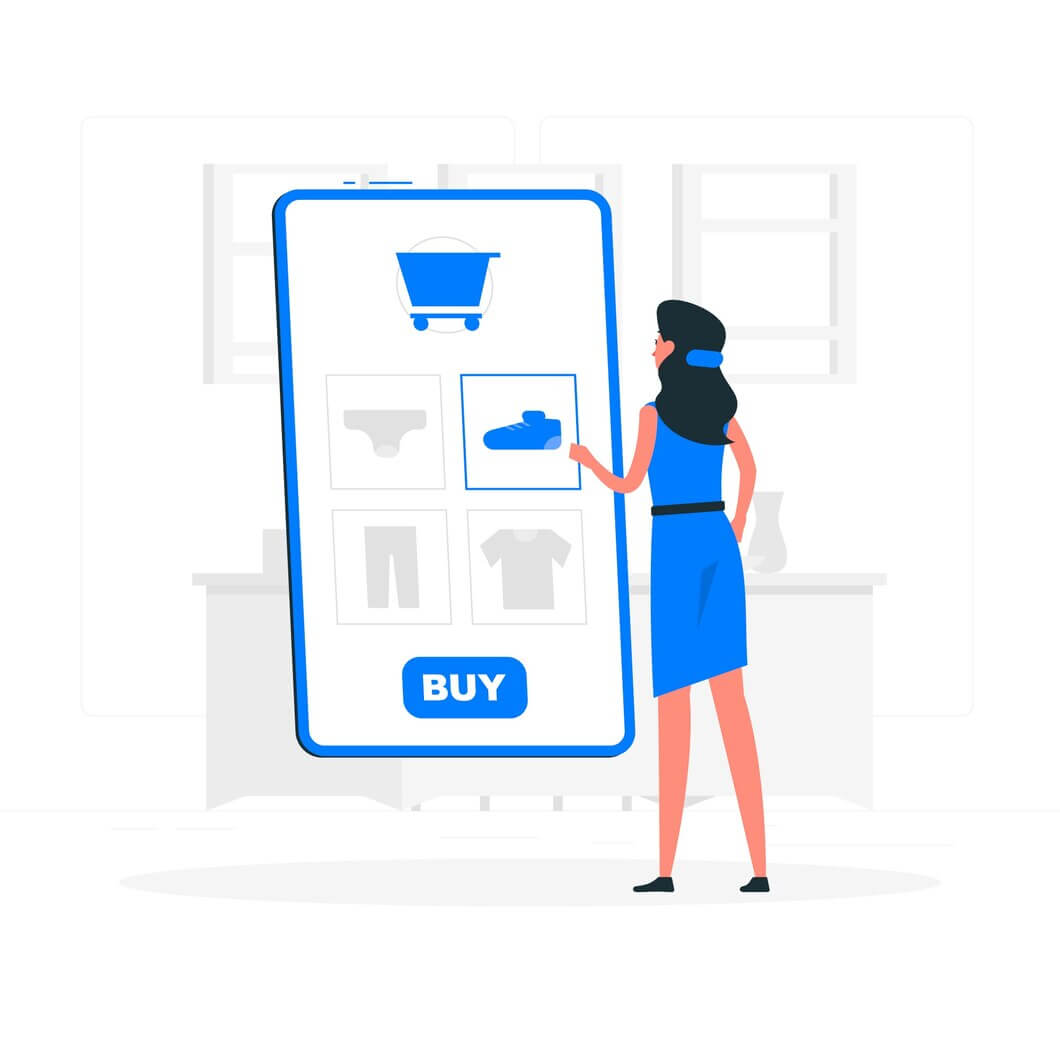 Online shopping - woman purchasing a new product with the click of a button