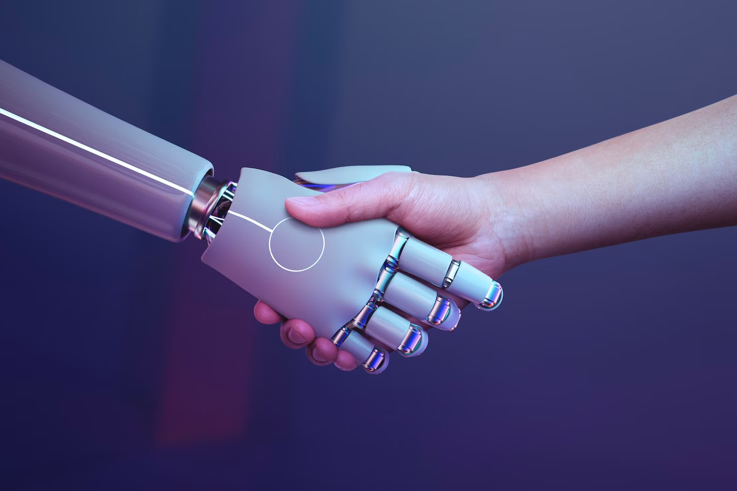 Robot handshake human background, futuristic digital age is constantly evolving