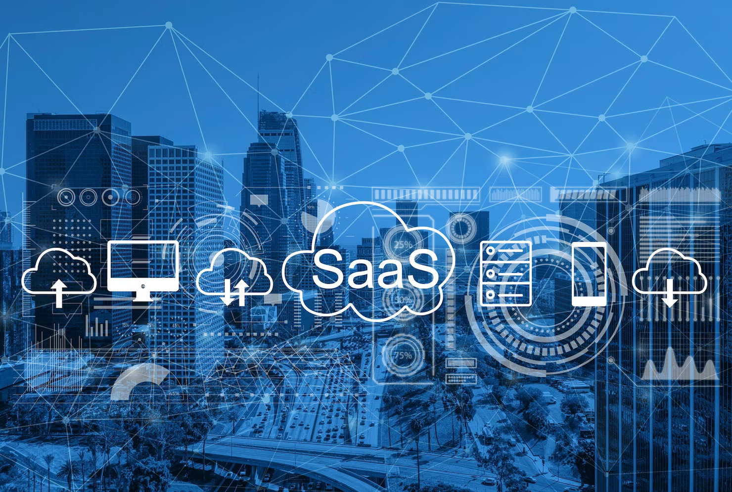 Saas company collage with different icons on a city skyline background