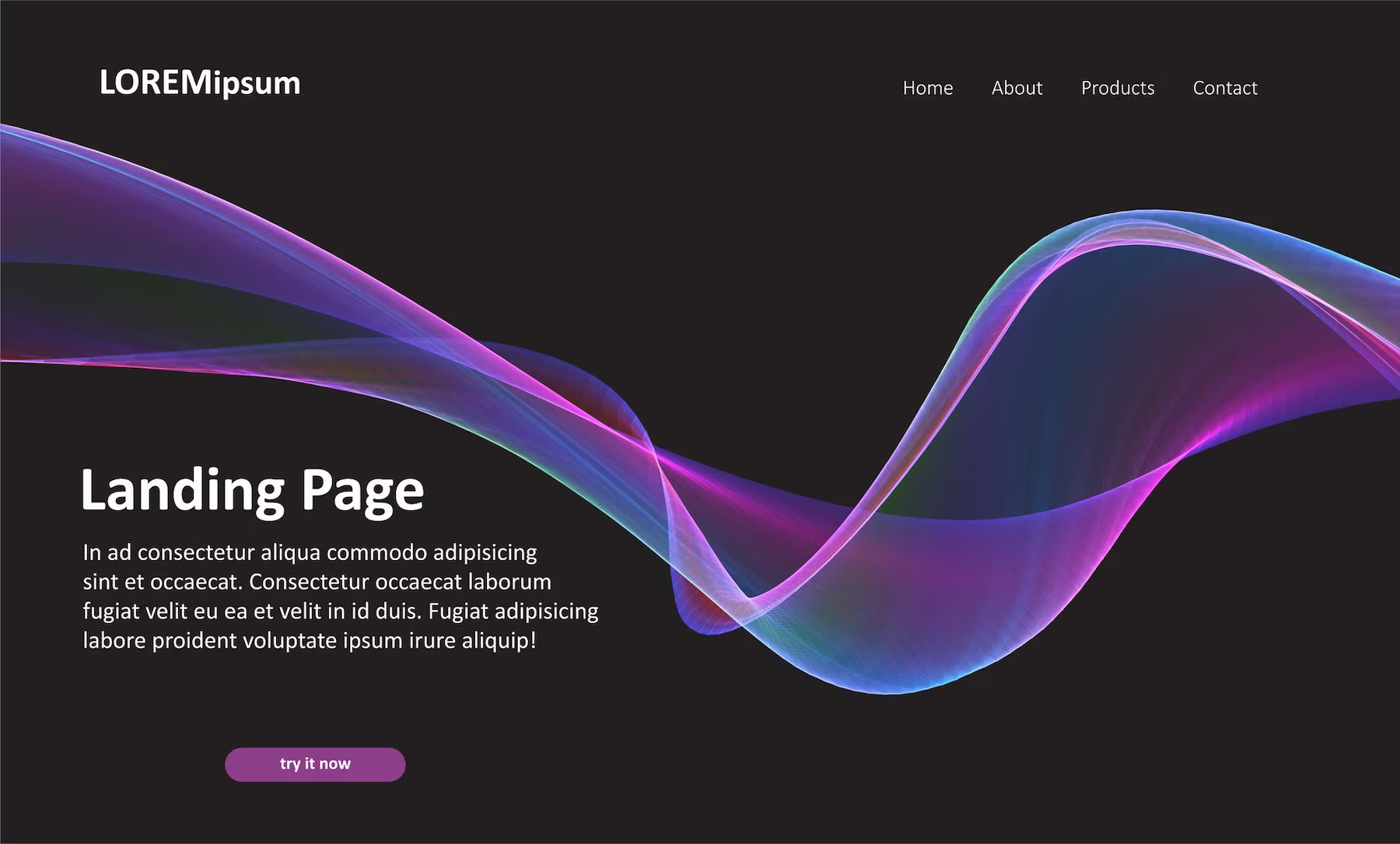 Website landing page with a flowing lines design. Web design incorporating dark mode. Customized websites with dark mode ui wordpress theme