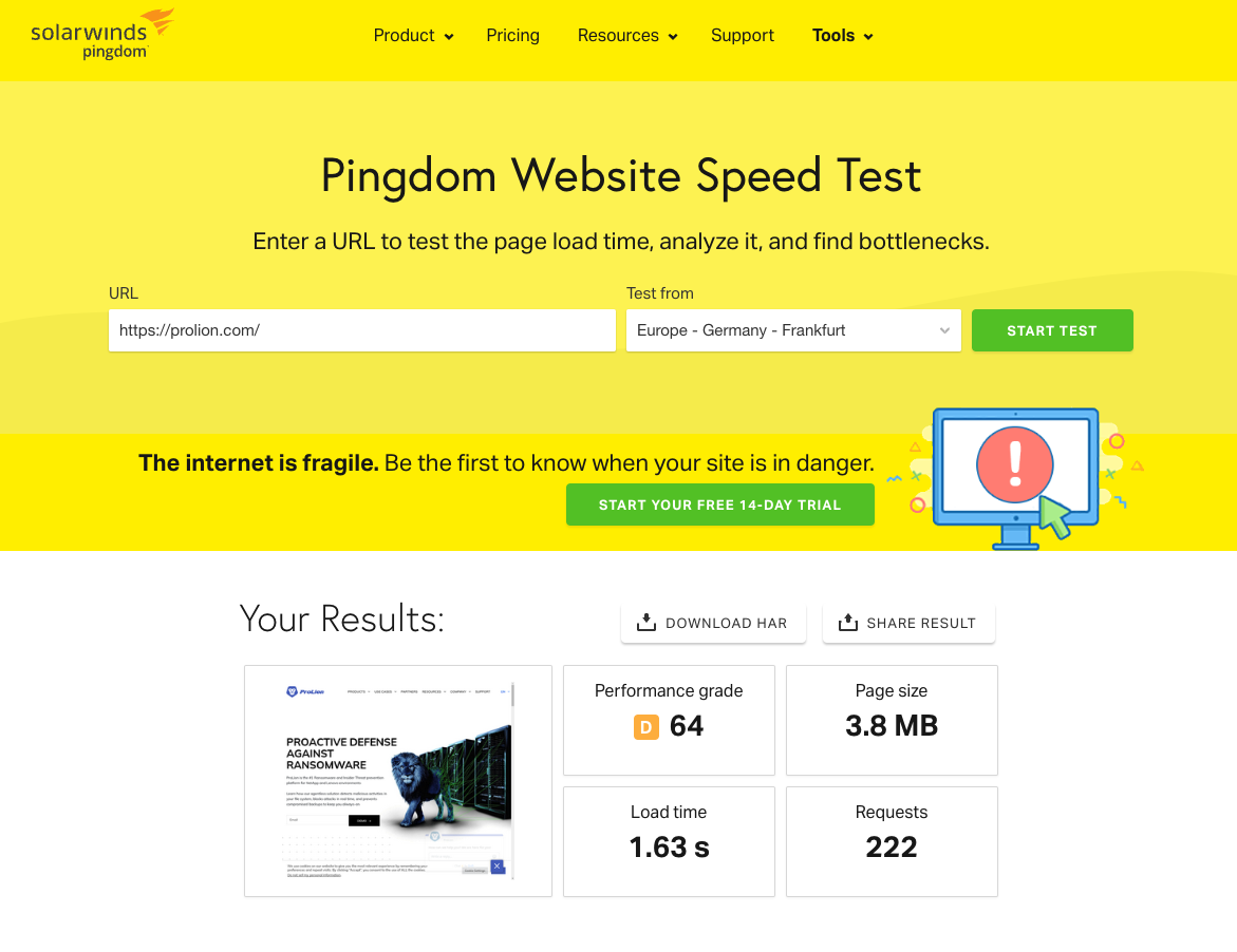 Pingdom website speed test results