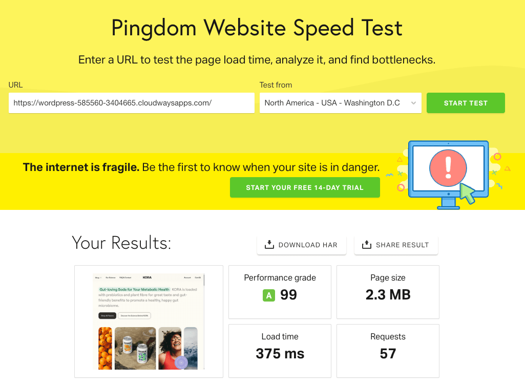 Kora - Pingdom speed test results