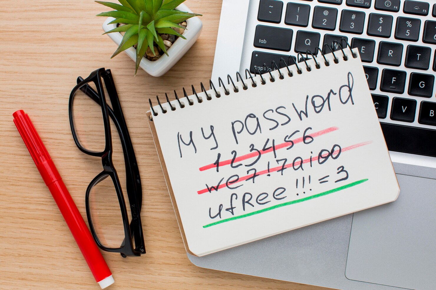 Notebook with password and laptop. Security measures are important on both WordPress for blogging vs business