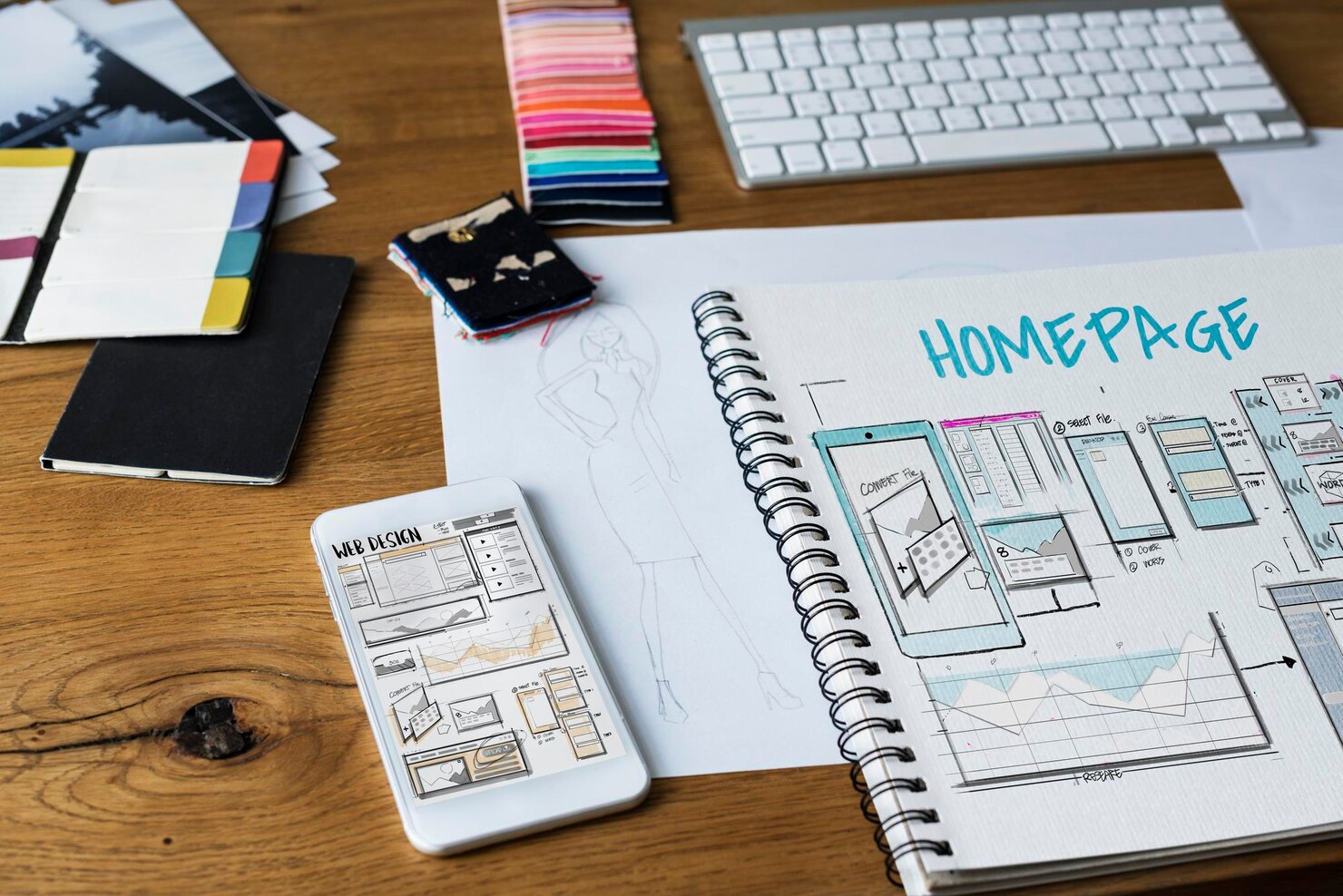 Web template layout draft sketch. Web design on paper. Financial services web design