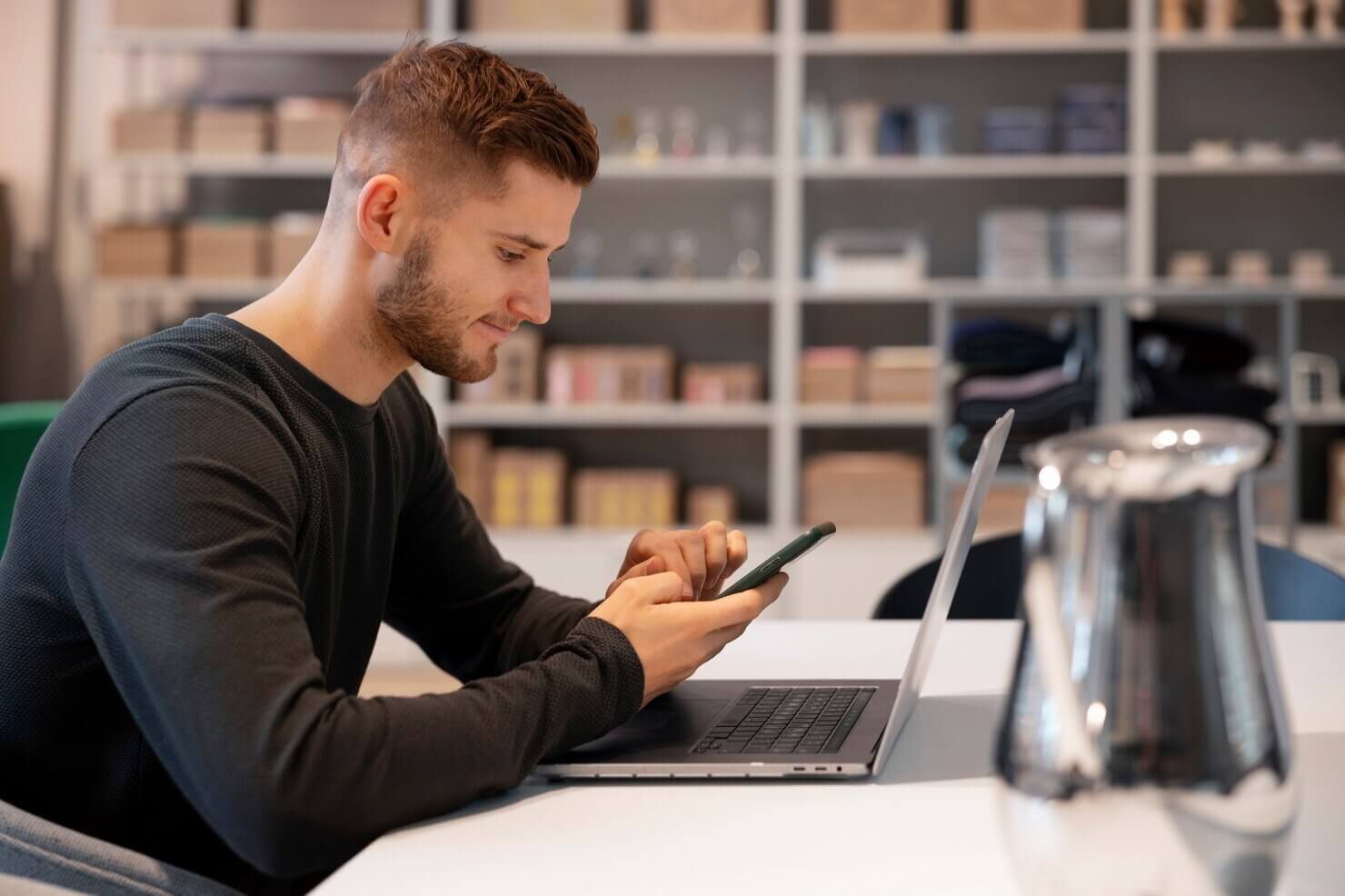 Digital nomad working remotly on their project. Private wholesale store with inventory management