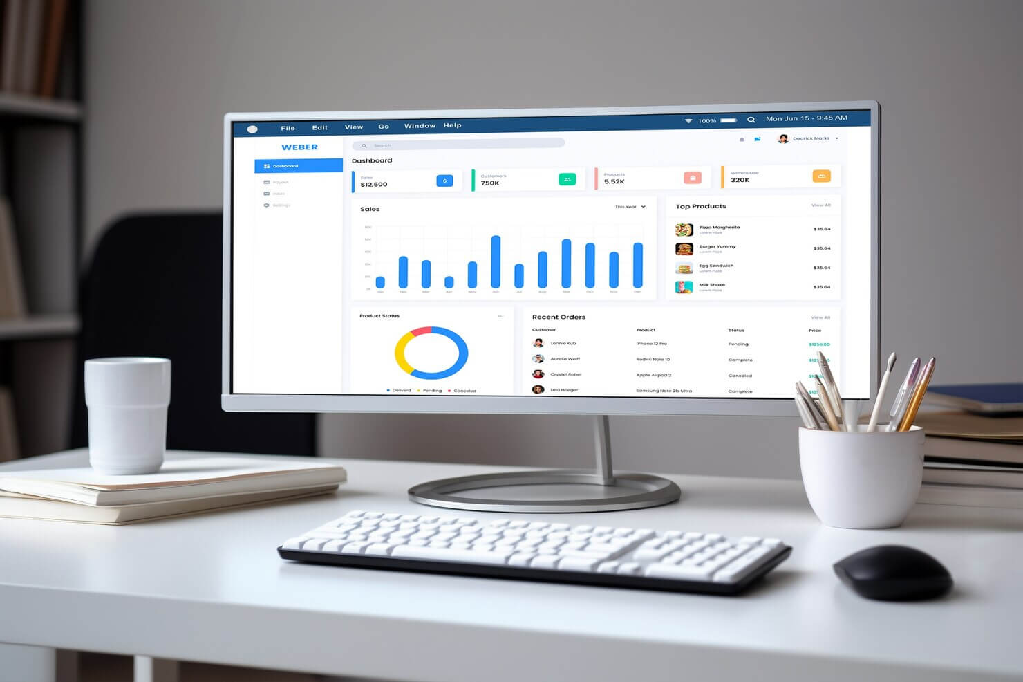 Modern monitor on elegant table. On monitor we have graphics, tables and statistics of WordPress website performance