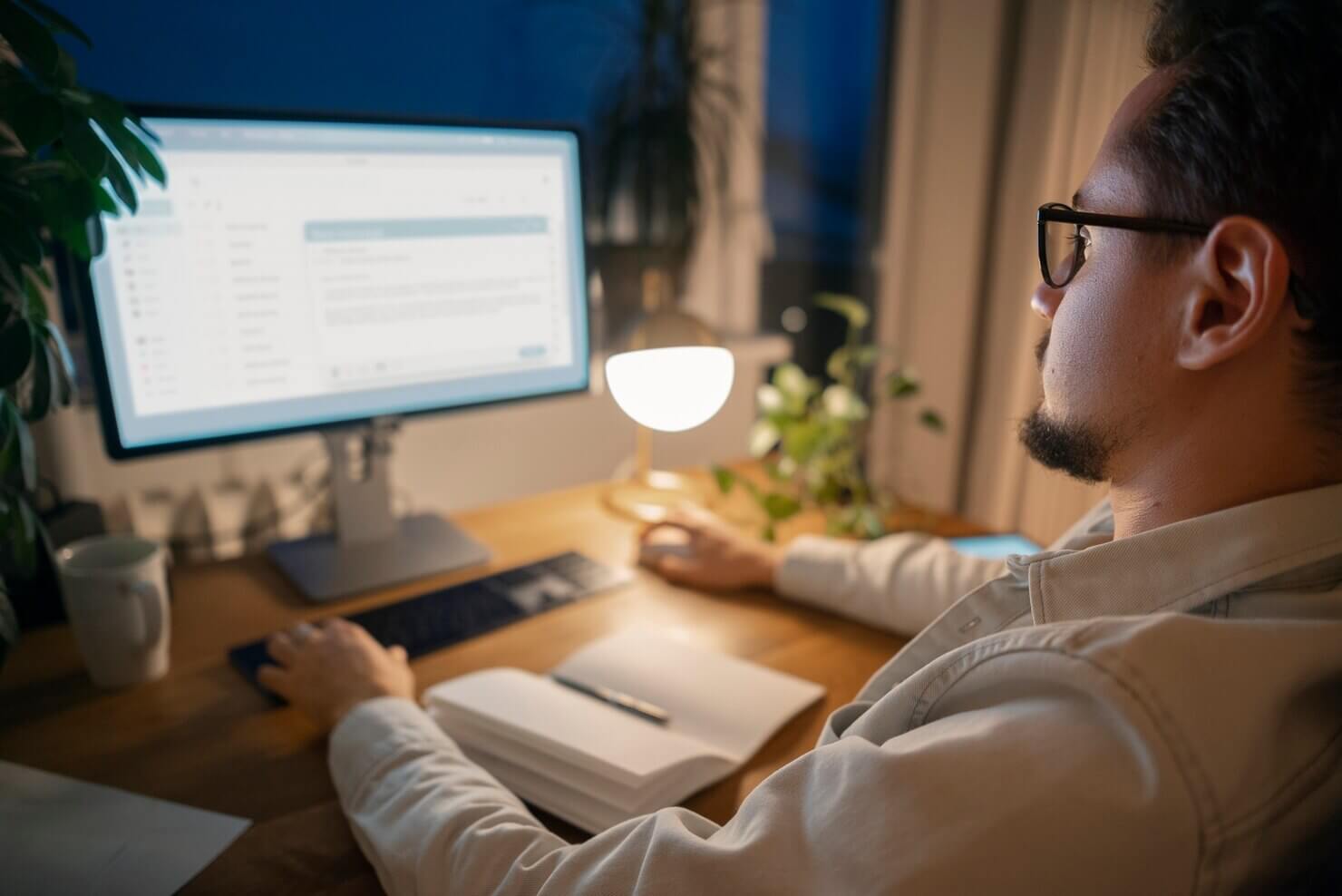 Adult person working at home late at night, looking over automatic updates that were recently implemented on his site