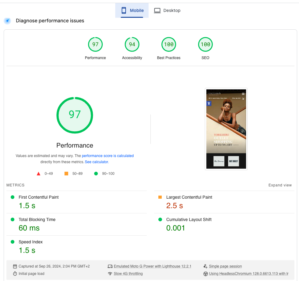 Google PageSpeed Insights mobile results