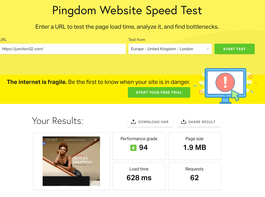 Pingdom speed test results for Junction 32