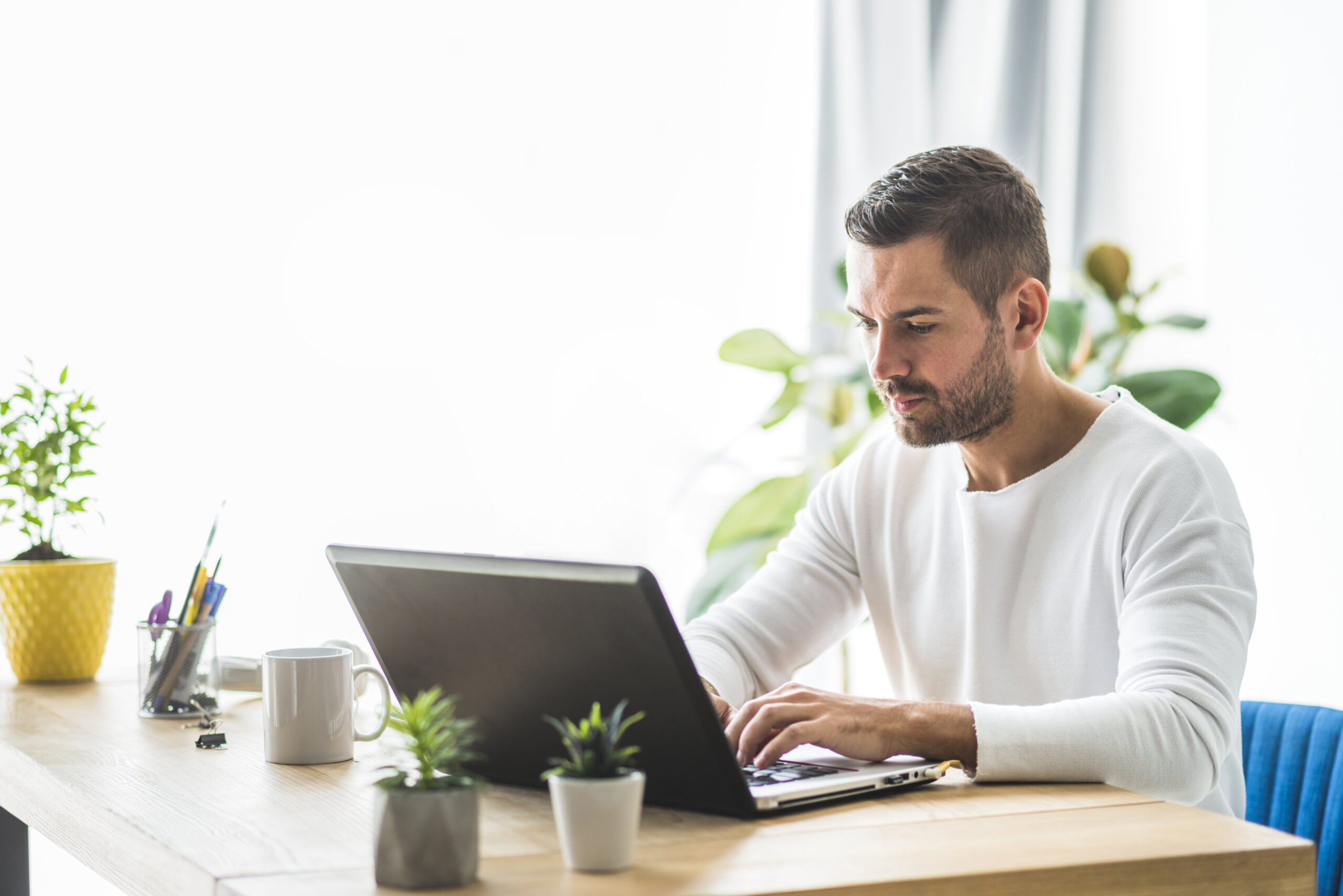 Businessman working on laptop to create a live WordPress website with appropriate theme files
